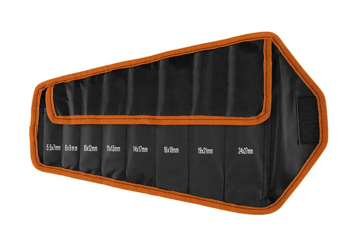 Düz çift taraflı anahtarlar, ekstra ince, 8 parçalık set, 5.5 - 27 mm, rulo kılıfta