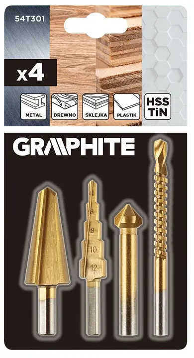 Kademeli matkap ucu 4-12 mm, rayba 12.4 mm, freze ucu 6x90 mm, havşa ucu 8-20 mm TiN