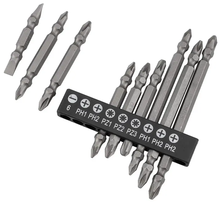 Manyetik tutuculu (60 mm) çift taraflı uç seti SL6, PH1x2, PH2x3, PZ1/2/3, 10 adet