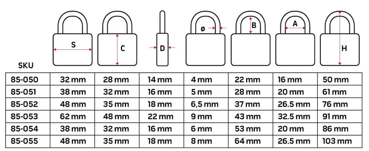 Uzun kilit kollu asma kilit 50 mm, 3 anahtar
