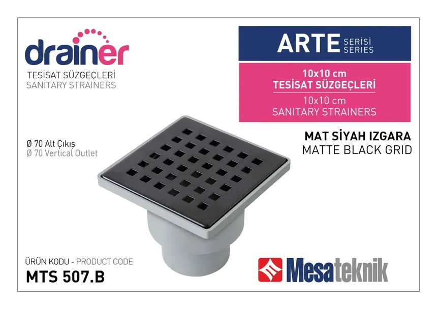MTS 500B Arte Serisi 10 cm Tesisat Süzgeci Mat Siyah Izgara